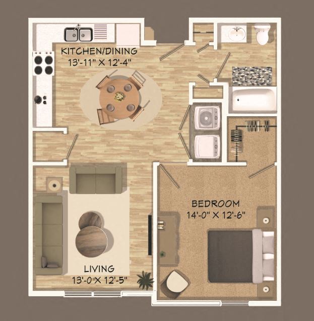 Floor plan for 1 bed, 1 bath, 702 sqft